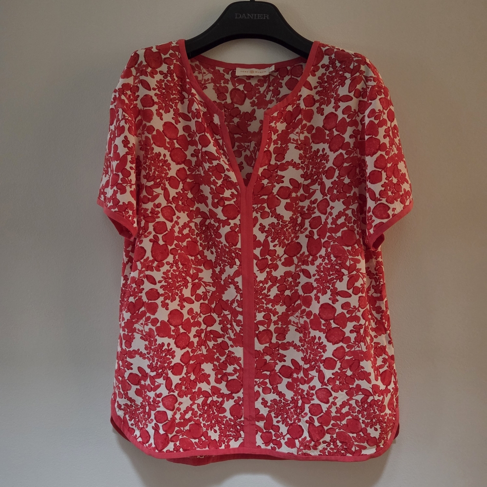100%SILK Tory Burch Split Neck Blouse Short Sleeve T Shirt Fun Tunic EUC S/M 8